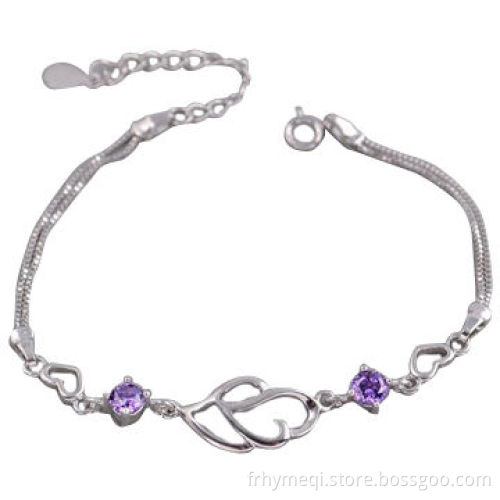 Heart Sterling Silver Bracelet with purple rhinestone